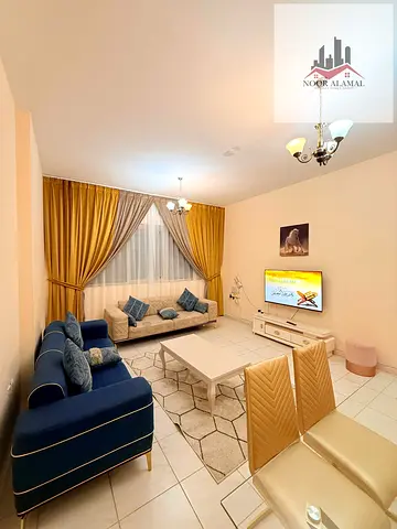Super deluxe furnished one-bedroom apartment with a living room in the Al Taawun area.