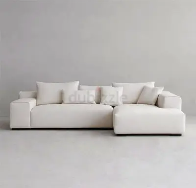 Modern L-shaped White Fabric Sofa with Ottoman — Comfortable 4-seater