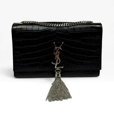 SAINT LAURENT BLACK CROC EMBOSSED KATE TASSEL BAG