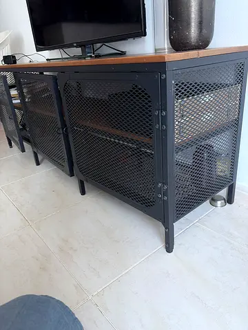 IKEA TV Console Cabinet with Metal Mesh Doors and Wooden Top