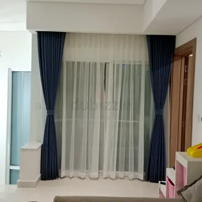 Dark blue blackout curtains with white sheer panel - set for sliding door