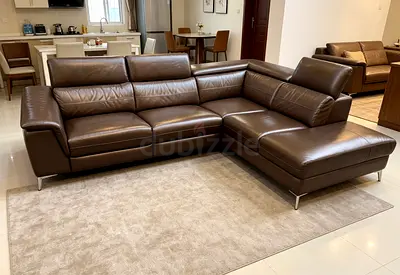 Brown leather L-shaped corner sofa with adjustable headrests - Excellent condition