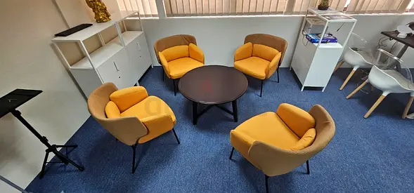 Set of 4 Modern Yellow Lounge Chairs with Round Coffee Table