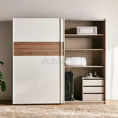 Modern Sliding Door Wardrobe with Wooden Accent and Storage Shelves