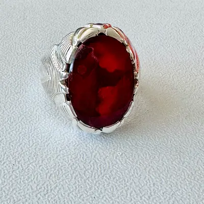 Red Aqeeq 990 Silver Aref Ring