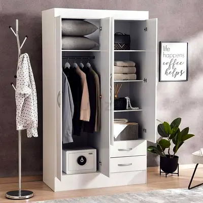 White 4-Door Wardrobe with Shelves and Drawers - Good Condition
