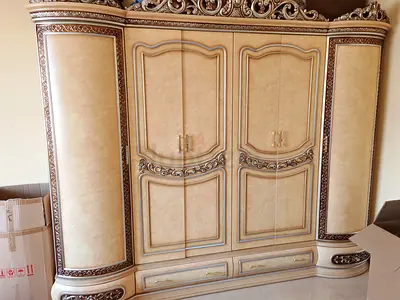 Large Beige Ornate 6-Door Wardrobe with Drawers