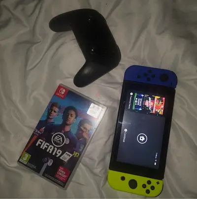 My Nintendo Switch console with Joy‑Cons, Pro controller and FIFA 19