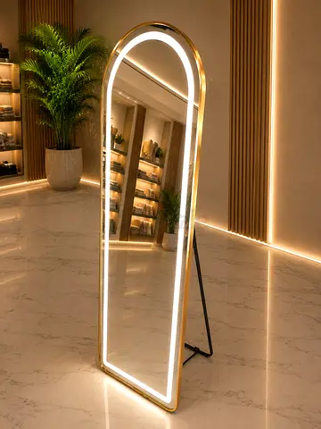 Freestanding Full-Length LED Arch Mirror with Gold Frame