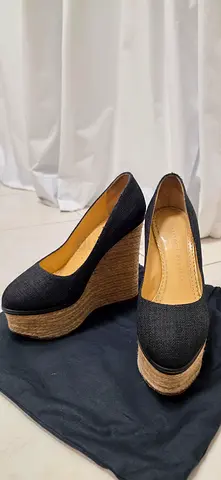 Charlotte Olympia Black Fabric Espadrille Platform Wedge