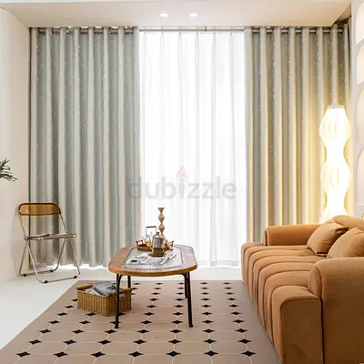 Neutral patterned living room curtains with sheer lining - set of panels