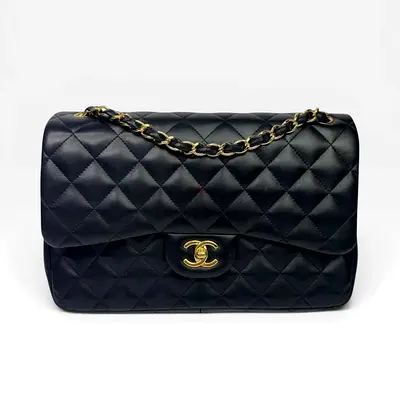 CHANEL BLACK LAMBSKIN LEATHER JUMBO CLASSIC DOUBLE FLAP GOLD HARDWARE