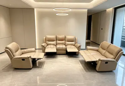 Beige Leather 3-Seater Sofa with Two Recliners — Excellent Condition