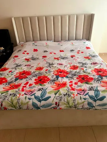 Queen bed with padded headboard - light beige, good condition