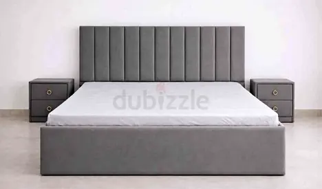 Grey upholstered king-size bed frame with headboard and 2 matching nightstands