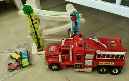 Red Toy Fire Truck with Wooden Ramp Racer and Small Cars - Used