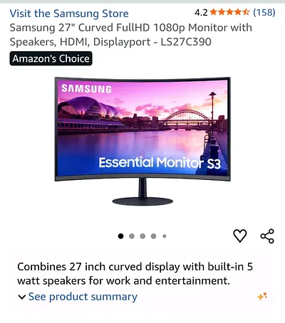 Samsung 27 Curved Full HD Monitor with Built-in Speakers (LS27C390)