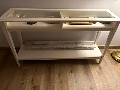 White Console Table with Glass Top and Lower Shelf