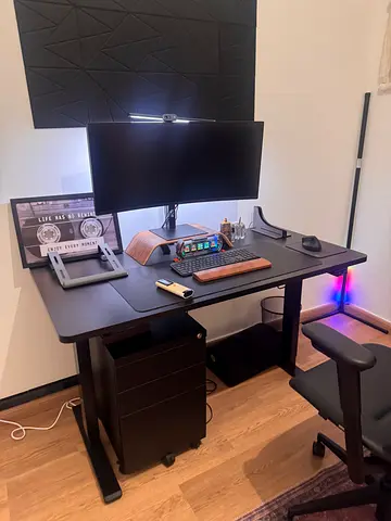 Home desk with new monitor curved- chair and accessories