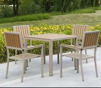 4-Seater Outdoor Dining Set - Table with 4 Chairs, Aluminum/Wood Look