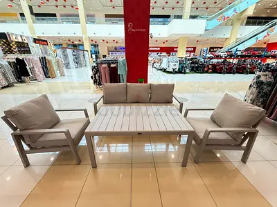 Outdoor patio seating set - 4 pieces with coffee table, white/beige