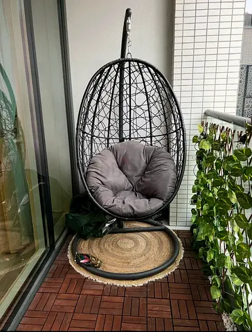 Black Rattan Hanging Egg Chair with Cushion - Good Condition