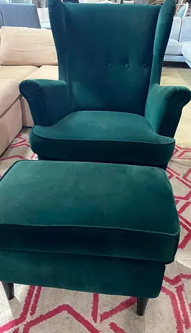 Green Velvet Wingback Armchair with Ottoman - Good Condition