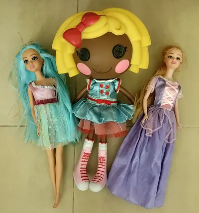 Lot of 3 Dolls — 2 Fashion Dolls + Large Rag-Style Doll, Good Used Condition