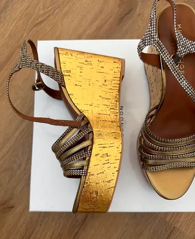Gold platform wedge sandals with glitter straps - size 39