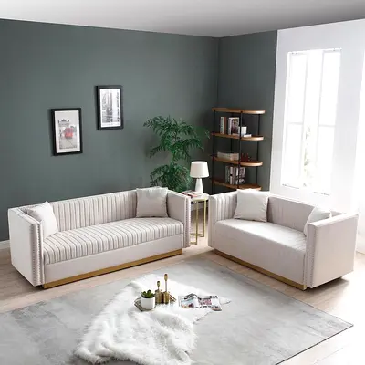 Ne Beige Velvet L-Shaped Sofa Set – 3-Seater and 2-Seater, Modern white