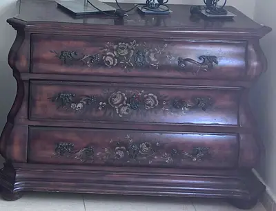 Ornate Wooden 3-Drawer Dresser with Hand-Painted Floral Details