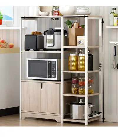 Wooden Kitchen Storage Cabinet with Open Shelves and Cupboard - Light Oak