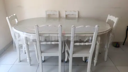White Oval Dining Table with 6 Matching Chairs - Solid Wood, Good Condition