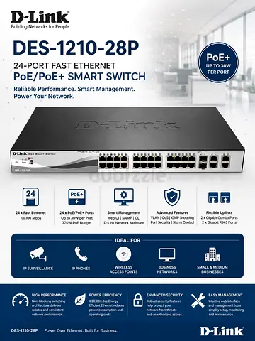 D-Link DES-1210-28P 24-Port Fast Ethernet PoE+ Smart Switch - Good Condition