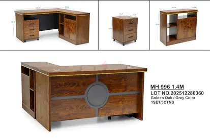 L-shaped Wooden Office Desk with Drawers - Golden Oak/Grey