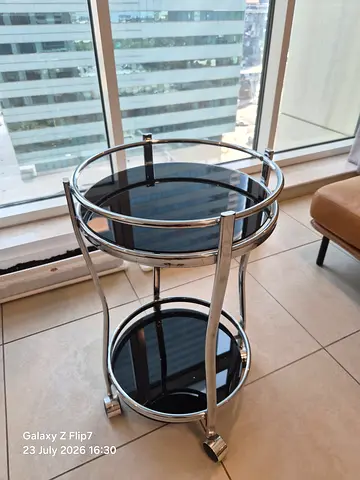 Chrome and Black Glass Two-Tier Side Table / Bar Trolley
