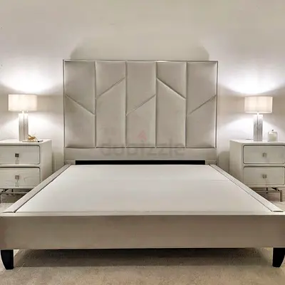 Modern Upholstered Bed Frame with High Padded Headboard