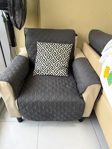3+2+1 beige fabric sofa with grey quilted cover and cushion