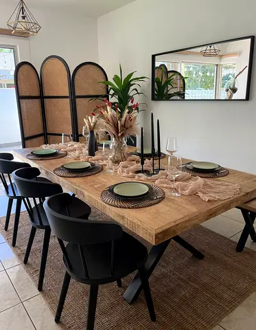 Solid Oak Wood Dining Table with 6 Black Chairs - Rustic Modern Set