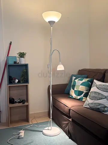 Tall dual-head floor lamp with reading arm — white finish