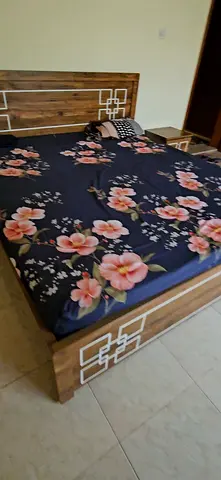 Wooden bed and side table eith matress with Geometric White Design