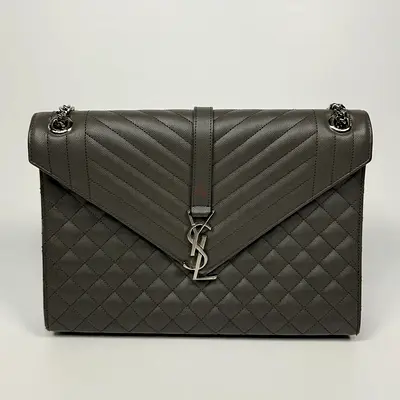 SAINT LAURENT LARGE GREY GRAINED LEATHER ENVELOPE SHOULDER BAG