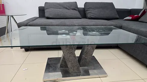 Modern Glass Table with Sofa cum Bed grey