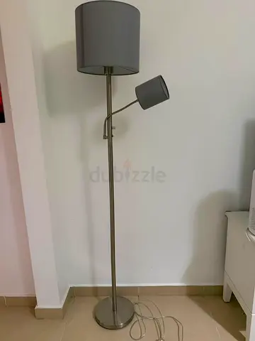 Metal floor lamp with adjustable reading light and grey shades