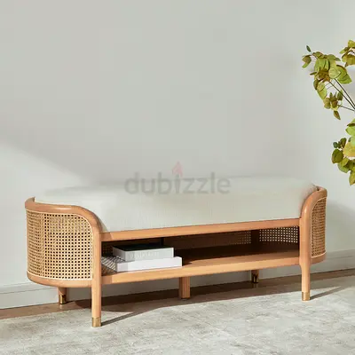 Anasa Fabric Wood Bench with Woven Rattan Sides and Upholstered Seat
