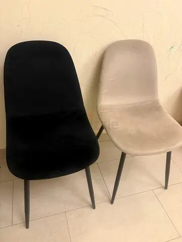 Set of 2 dining chairs — velvet upholstery, black and light grey, metal legs