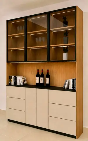 Modern Oak Display Cabinet with Glass Doors and Storage Drawers