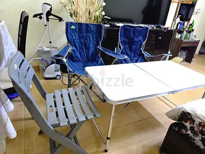 Foldable camping table with 3 folding chairs set — good condition fixed price