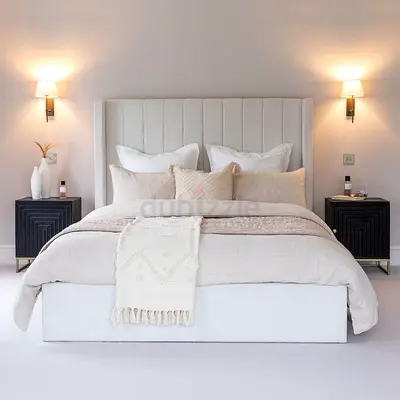 Upholstered King Bed with Padded Headboard in Light Beige