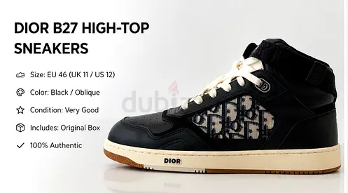 Dior B27 Uptown Black Leather Oblique High-Top Sneakers - Size 21 C NV 46